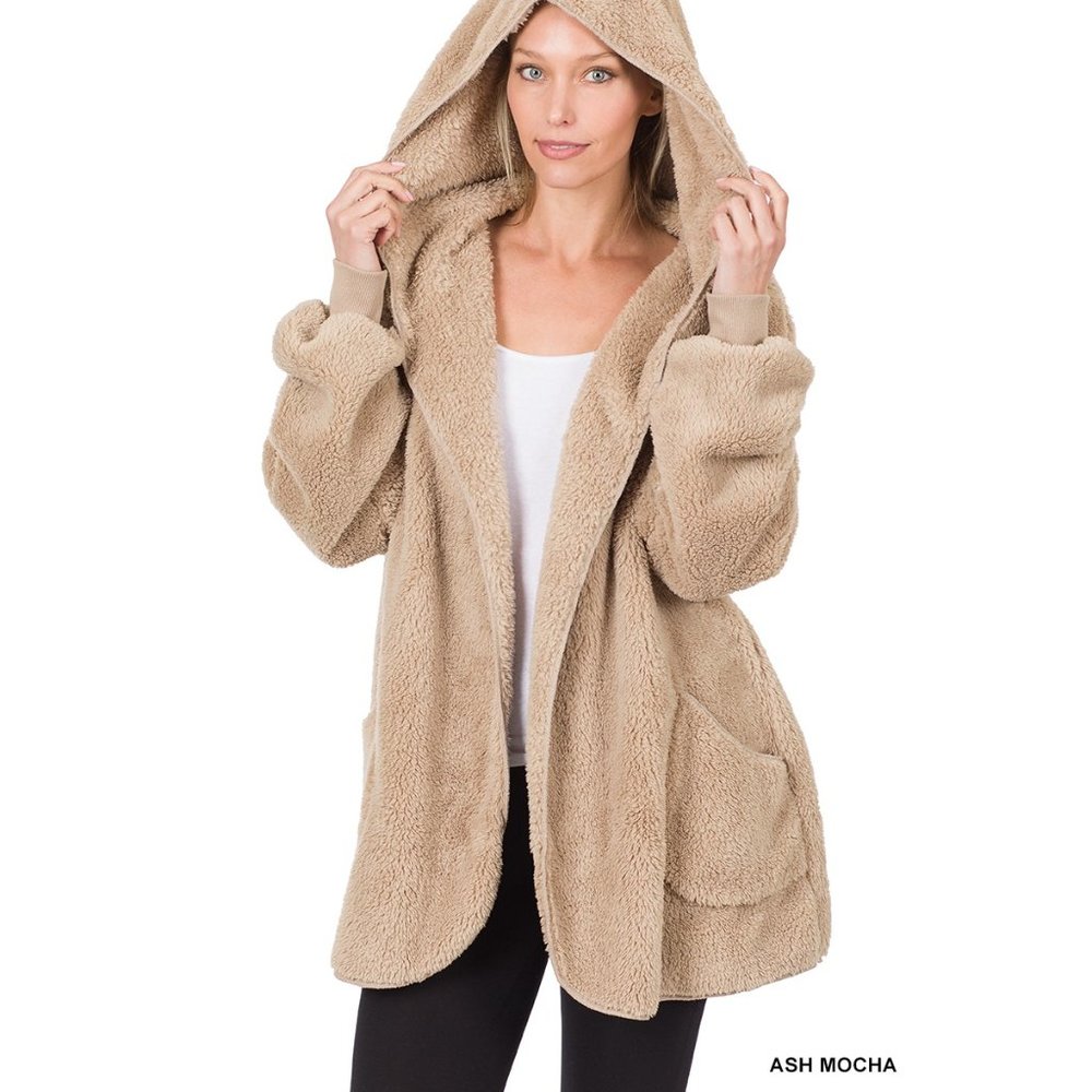 Brown Teddy Sherpa Jacket with Sherpa Shawl Collar Ribbed Cuffs Pockets & Hoodie - Picture 5 of 6